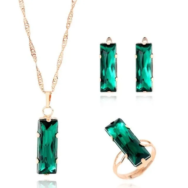 Princess Zircon Bridal Jewelry Set Women's Pendants Necklaces Gold Earrings