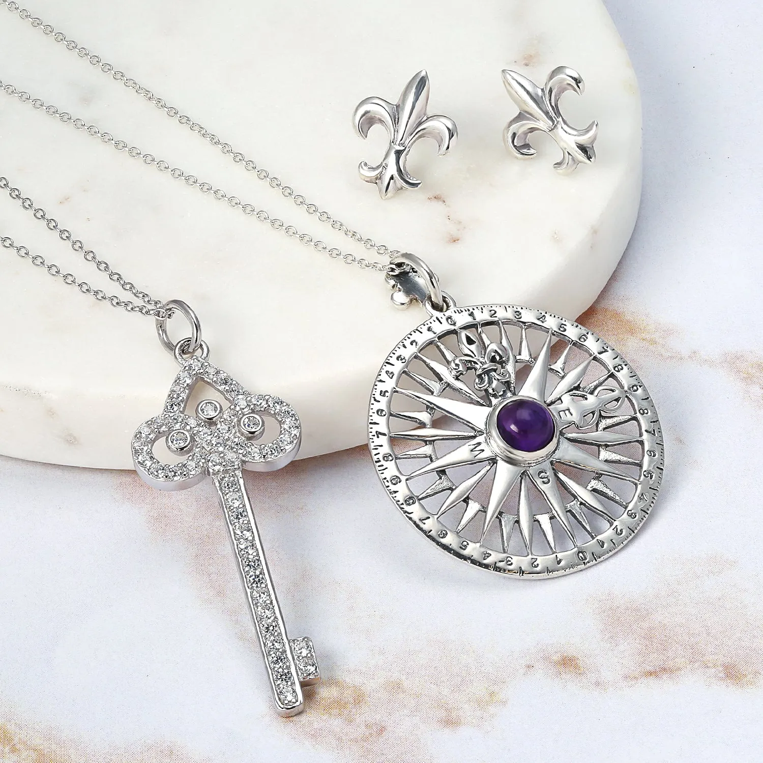 Purple CZ Fleur De Lis Nautical Rose Compass Pendant Sterling Silver