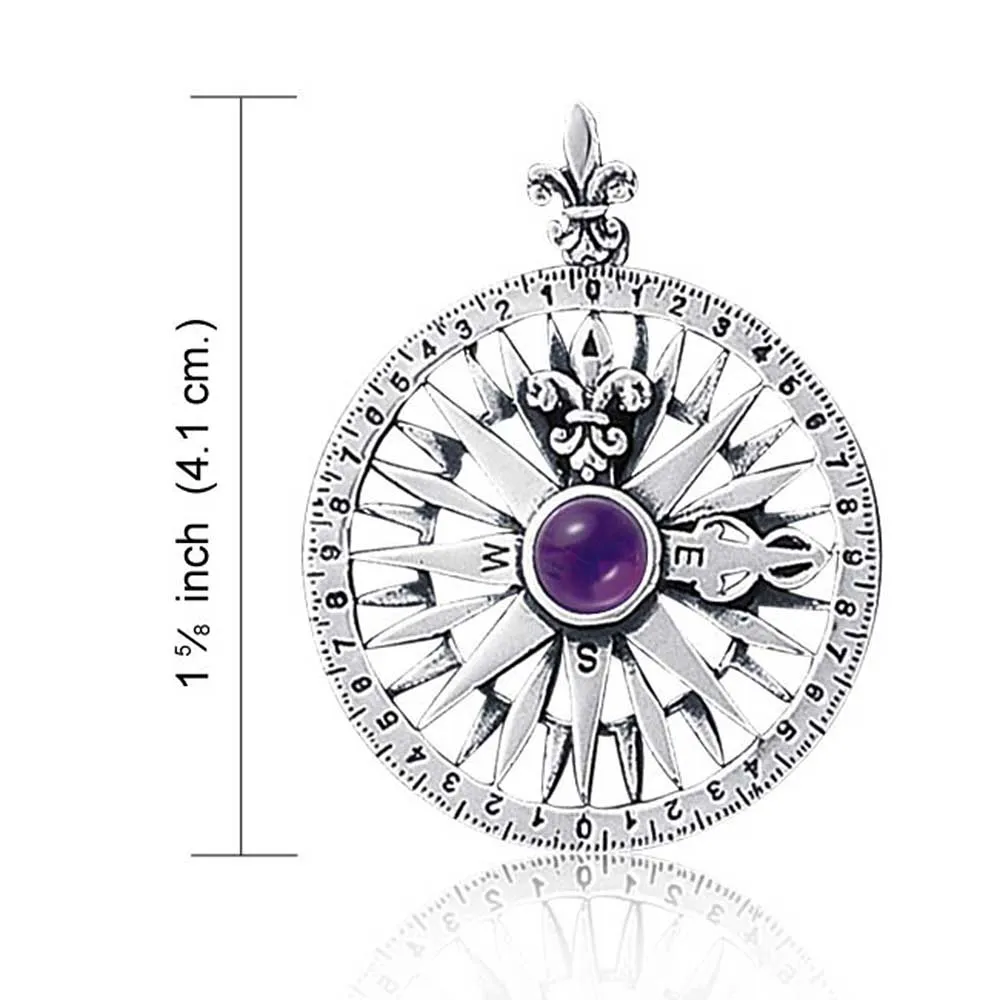 Purple CZ Fleur De Lis Nautical Rose Compass Pendant Sterling Silver
