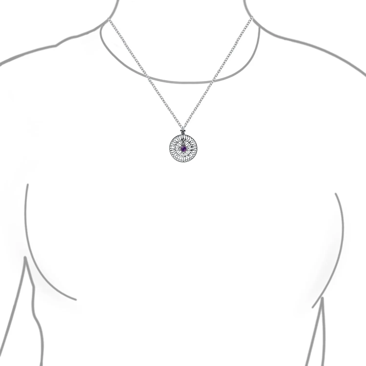 Purple CZ Fleur De Lis Nautical Rose Compass Pendant Sterling Silver