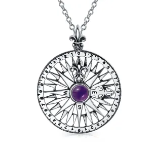 Purple CZ Fleur De Lis Nautical Rose Compass Pendant Sterling Silver