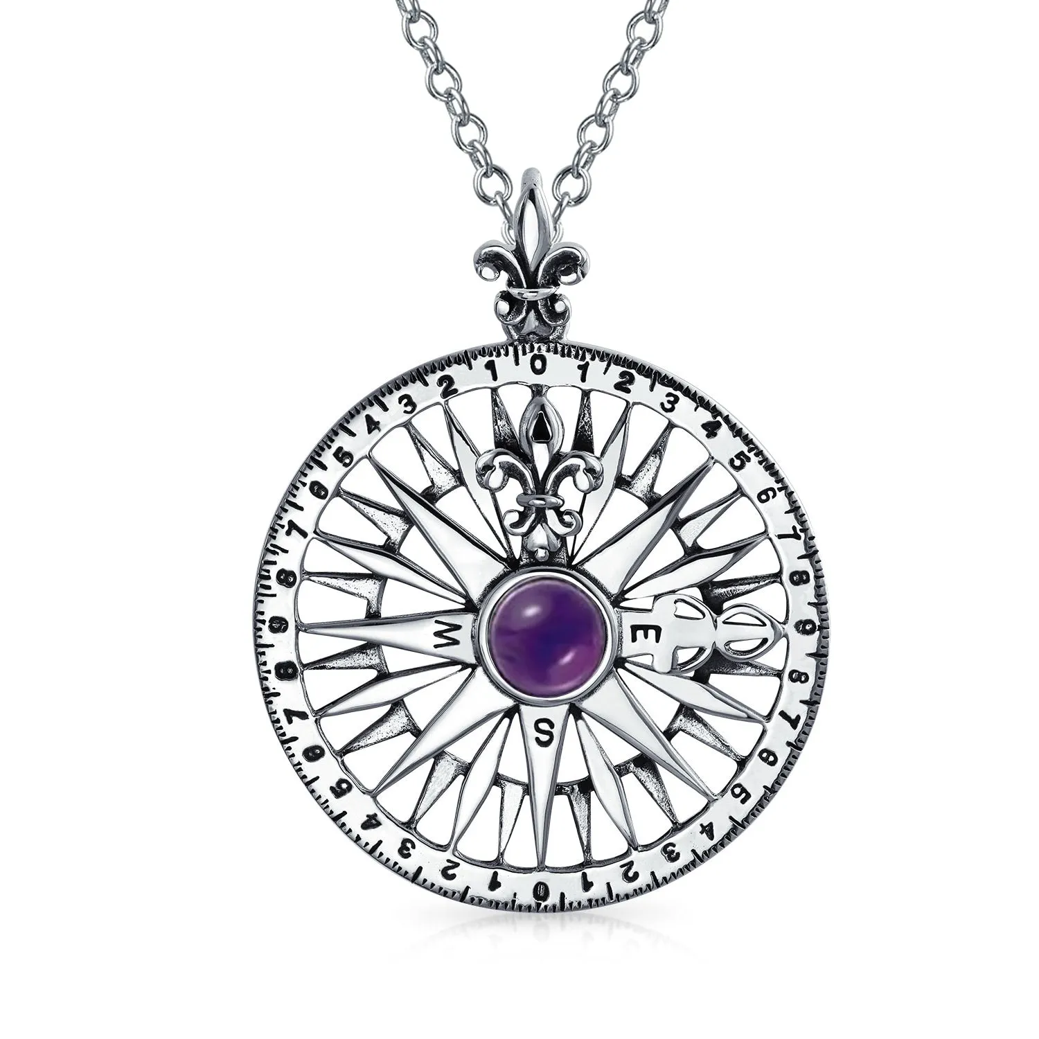 Purple CZ Fleur De Lis Nautical Rose Compass Pendant Sterling Silver
