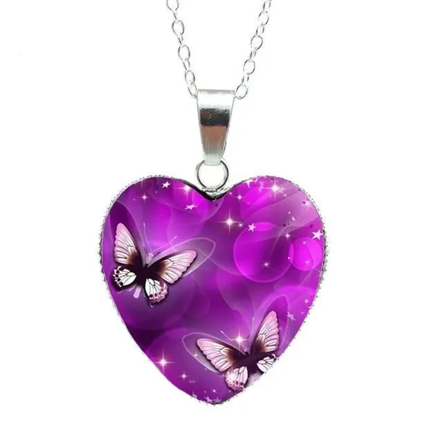 Purple Magic Butterfly Heart Jewelry Pendant Heart Necklace