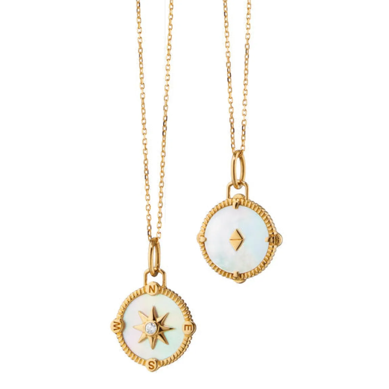 "Adventure" 18K Yellow Gold Mini Compass Mother Of Pearl & Diamond Charm Necklace