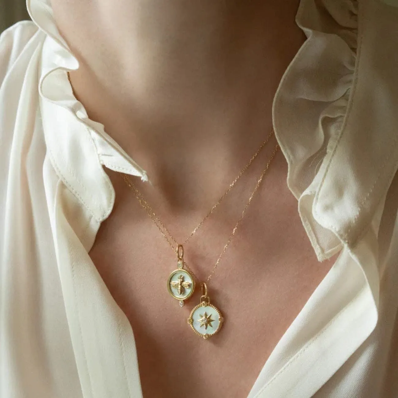 "Adventure" 18K Yellow Gold Mini Compass Mother Of Pearl & Diamond Charm Necklace
