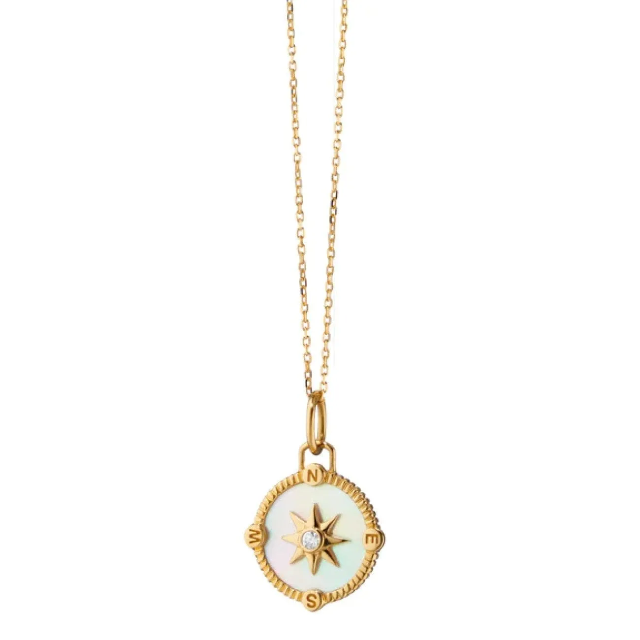 "Adventure" 18K Yellow Gold Mini Compass Mother Of Pearl & Diamond Charm Necklace