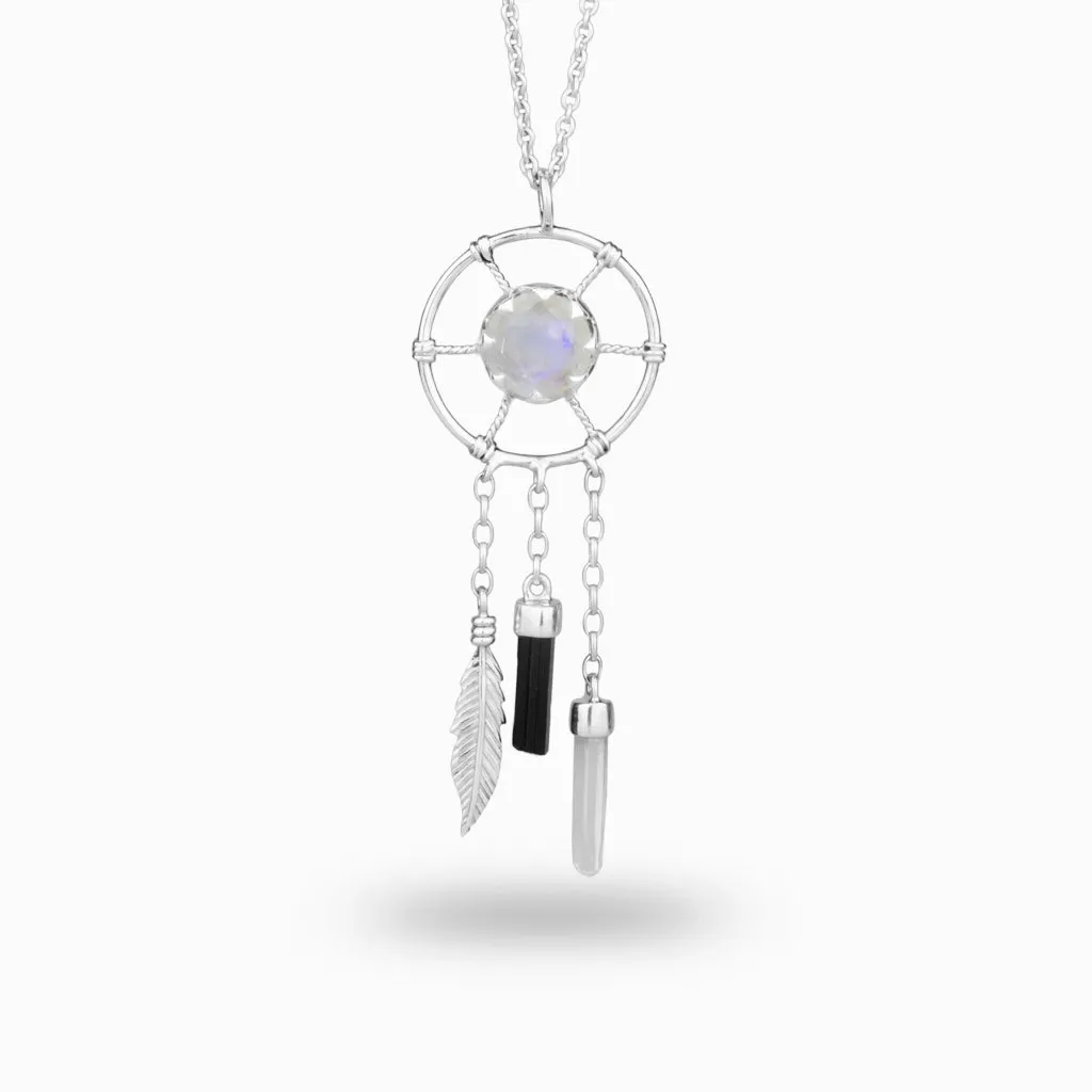 Rainbow Moonstone, Black Tourmaline & Clear Quartz Dreamcatcher Necklace