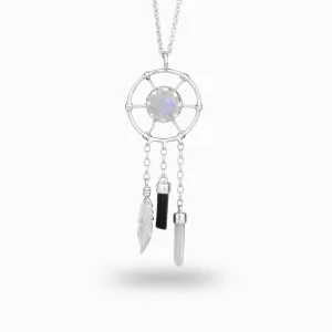 Rainbow Moonstone, Black Tourmaline & Clear Quartz Dreamcatcher Necklace