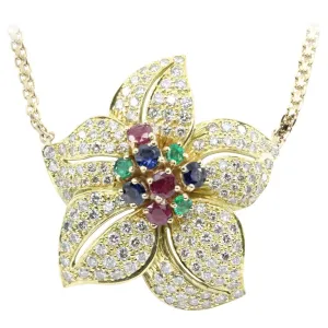 Retro Gold Diamond Emerald Ruby Sapphire Chunky Flower Necklace