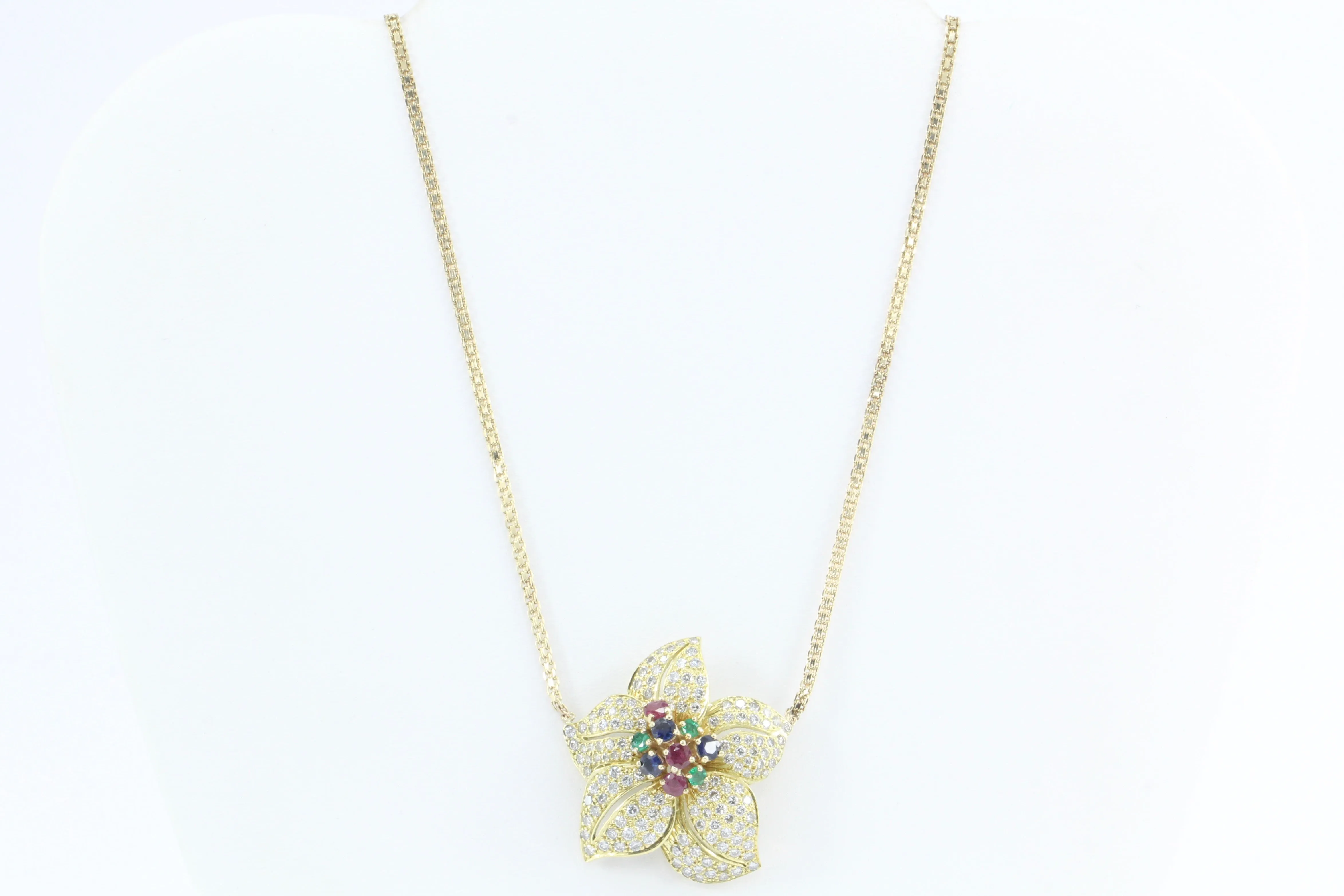 Retro Gold Diamond Emerald Ruby Sapphire Chunky Flower Necklace