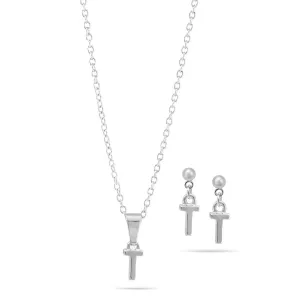 RHODIUM "T" SMALL PENDANT SHORT NECKLACE AND EARRINGS SET #SWKK-11768TRHO (IG1)