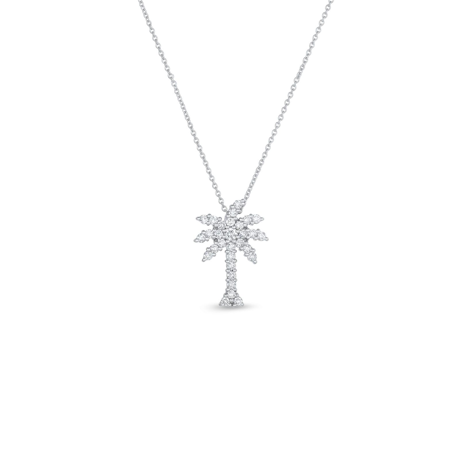 Roberto Coin 18k White Gold Tiny Treasures Large Diamond Palm Tree Pendant 16-18" Adjustable Chain (D=.54)