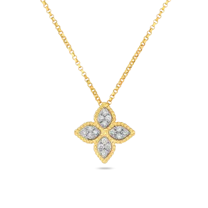 Roberto Coin 18k Yellow & White Gold Medium Princess Flower Diamond Pendant 16-18" Adjustable Chain (D=.17)