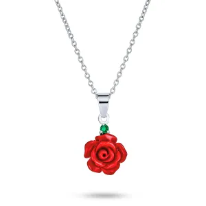 Romantic Floral 3D Pink Red Rose Pendant Necklace with Green CZ Sterling Silver
