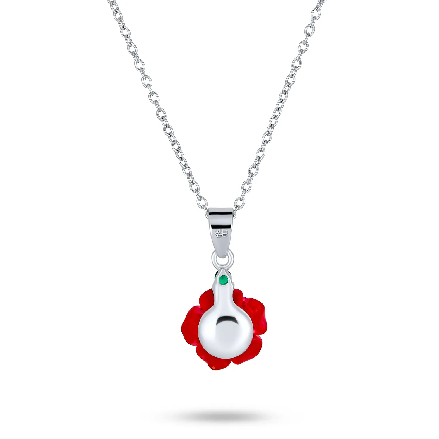 Romantic Floral 3D Pink Red Rose Pendant Necklace with Green CZ Sterling Silver