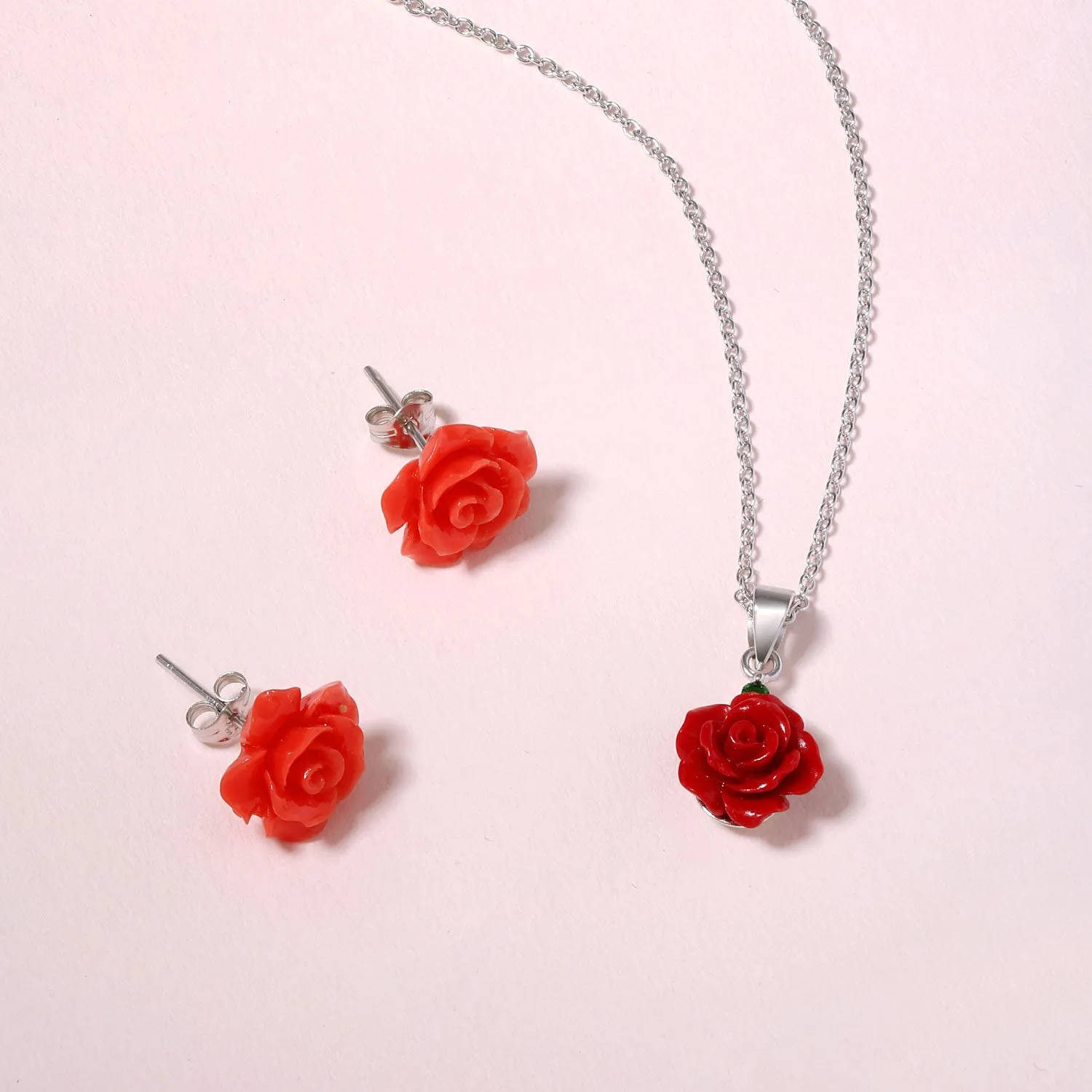 Romantic Floral 3D Pink Red Rose Pendant Necklace with Green CZ Sterling Silver