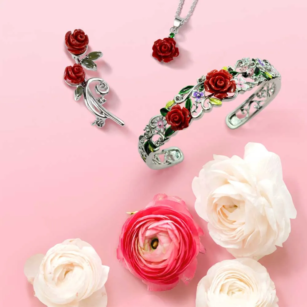 Romantic Floral 3D Pink Red Rose Pendant Necklace with Green CZ Sterling Silver