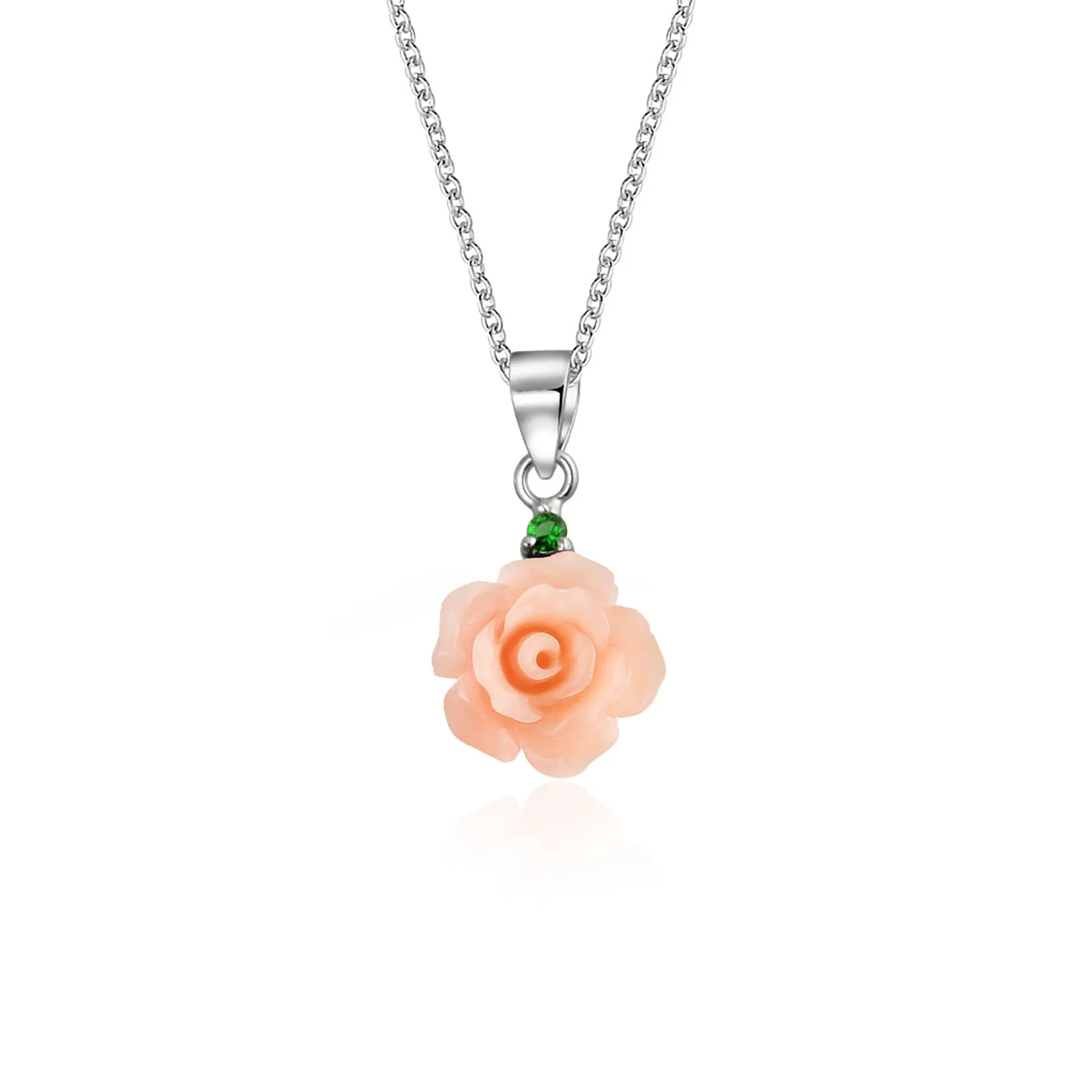Romantic Floral 3D Pink Red Rose Pendant Necklace with Green CZ Sterling Silver