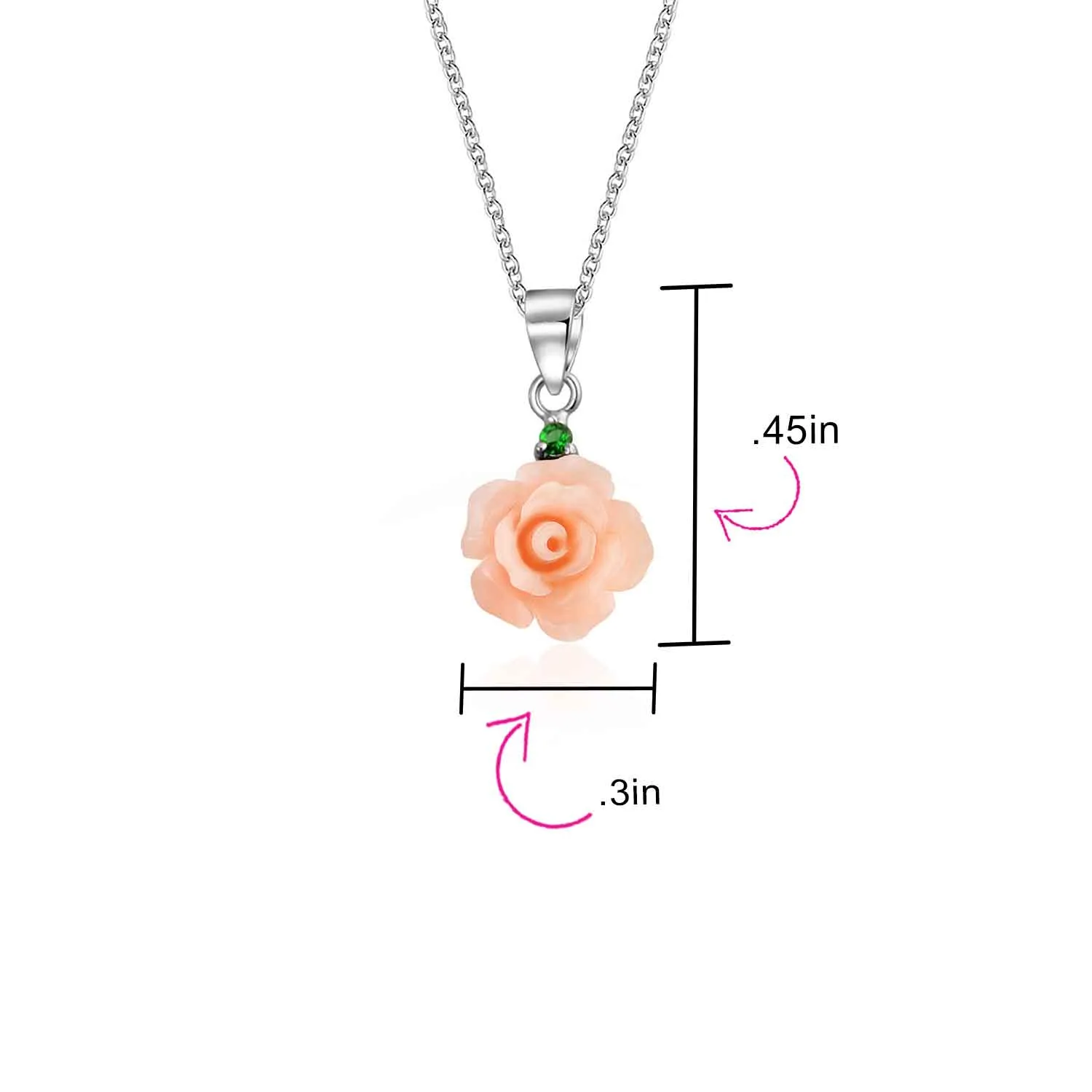 Romantic Floral 3D Pink Red Rose Pendant Necklace with Green CZ Sterling Silver
