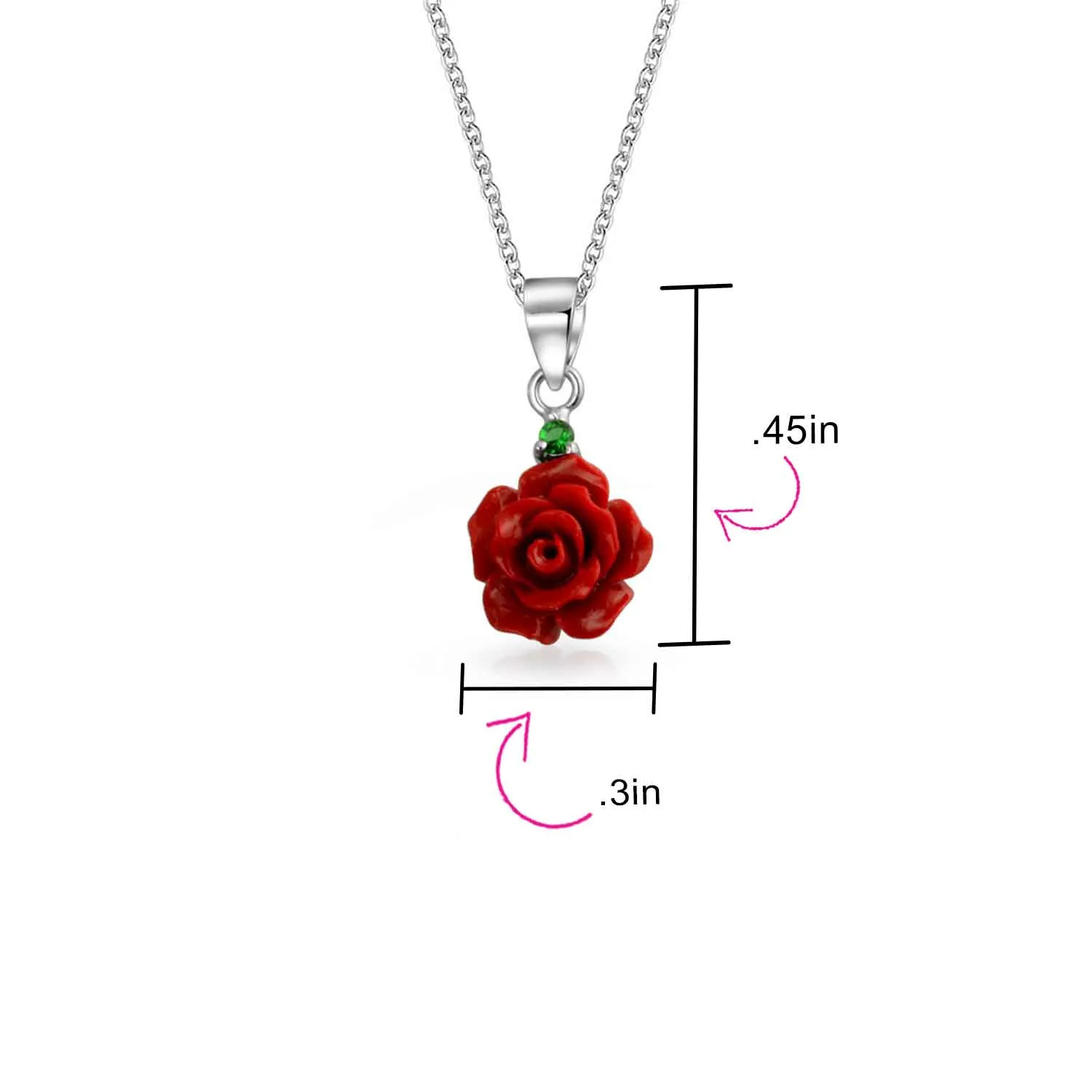 Romantic Floral 3D Pink Red Rose Pendant Necklace with Green CZ Sterling Silver