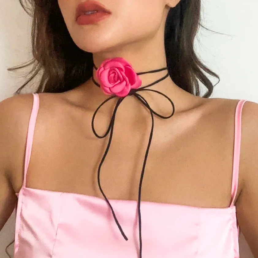 Romantic Gothic Big Rose Flower Clavicle Chain Necklace for Women Ladies Korean Fashion Adjustable Rope Choker Y2K Accessories