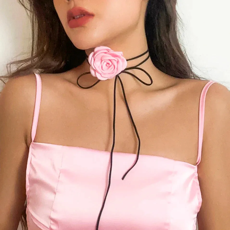 Romantic Gothic Big Rose Flower Clavicle Chain Necklace for Women Ladies Korean Fashion Adjustable Rope Choker Y2K Accessories
