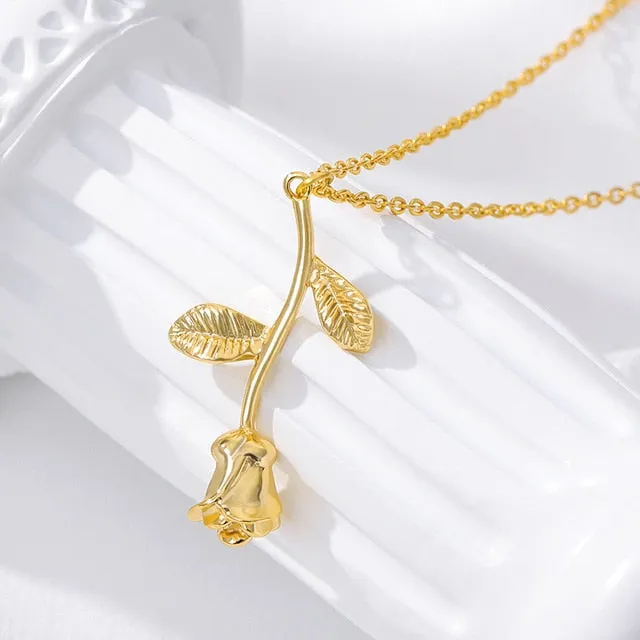 Rose Flower Stainless Steel Beauty and the Beast Women Pendant Necklace