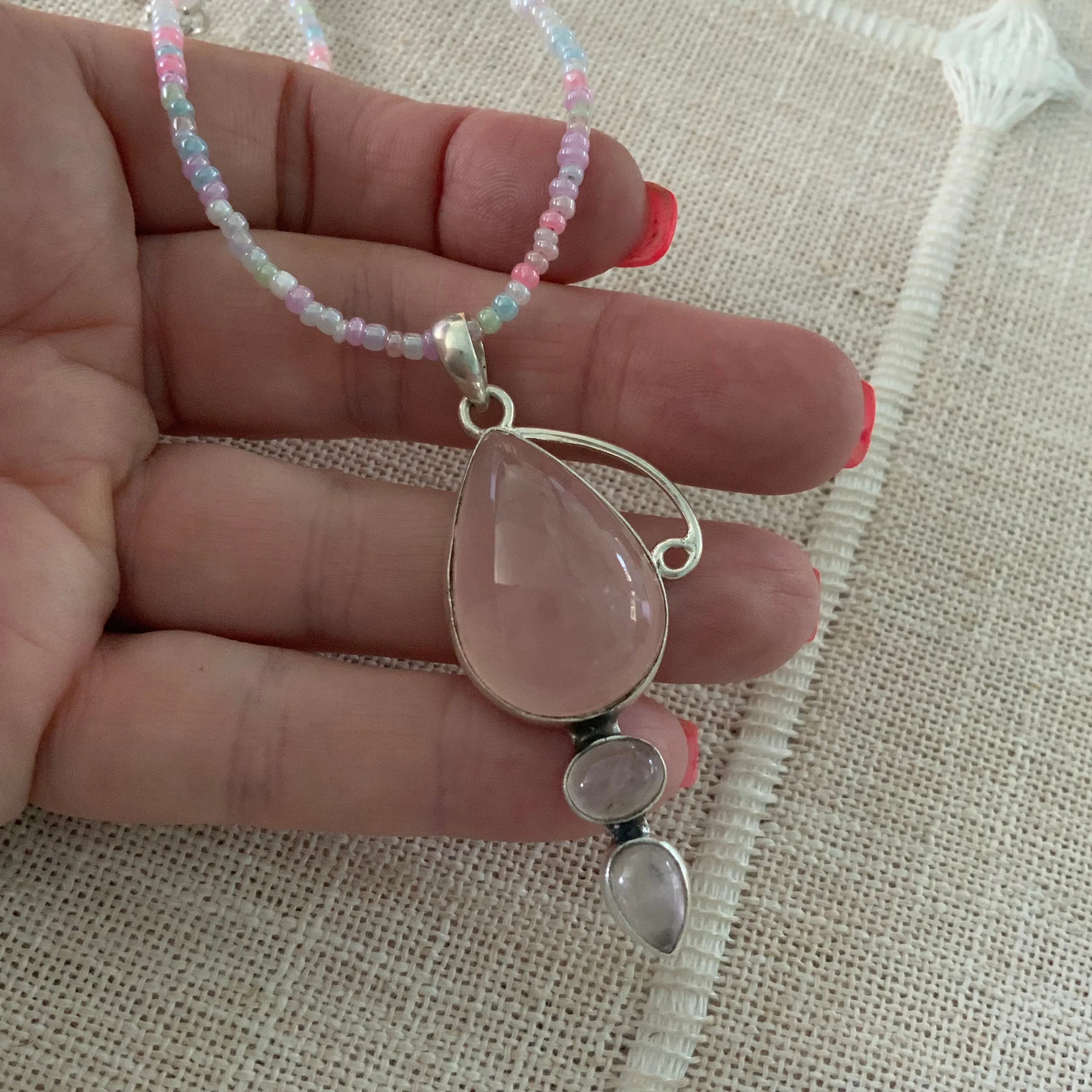 Rose Quartz & Pearl Solid 925 Sterling Silver Pendant Necklace