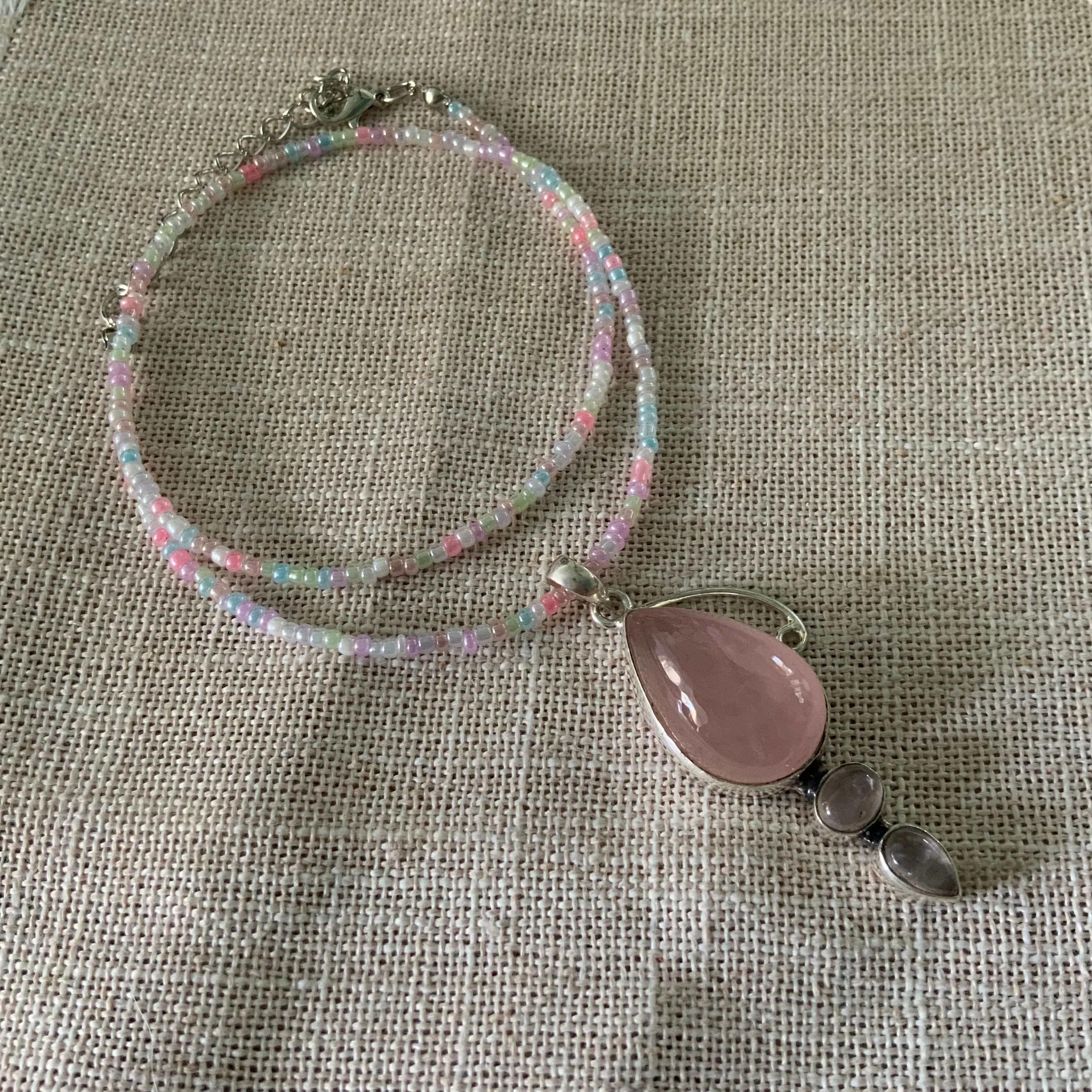 Rose Quartz & Pearl Solid 925 Sterling Silver Pendant Necklace
