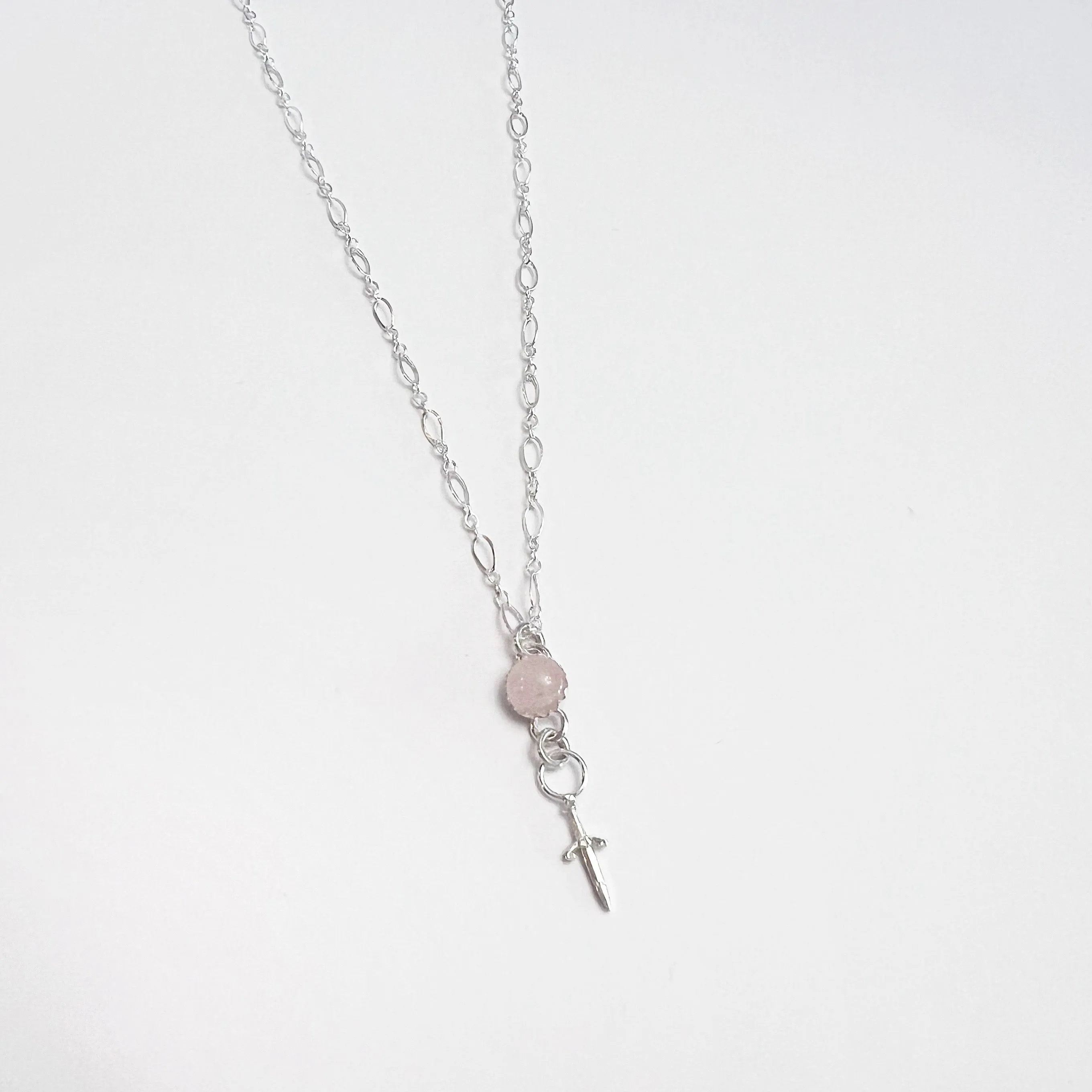 Rose Quartz, Mini Dagger, and Sterling Silver Charm Necklace