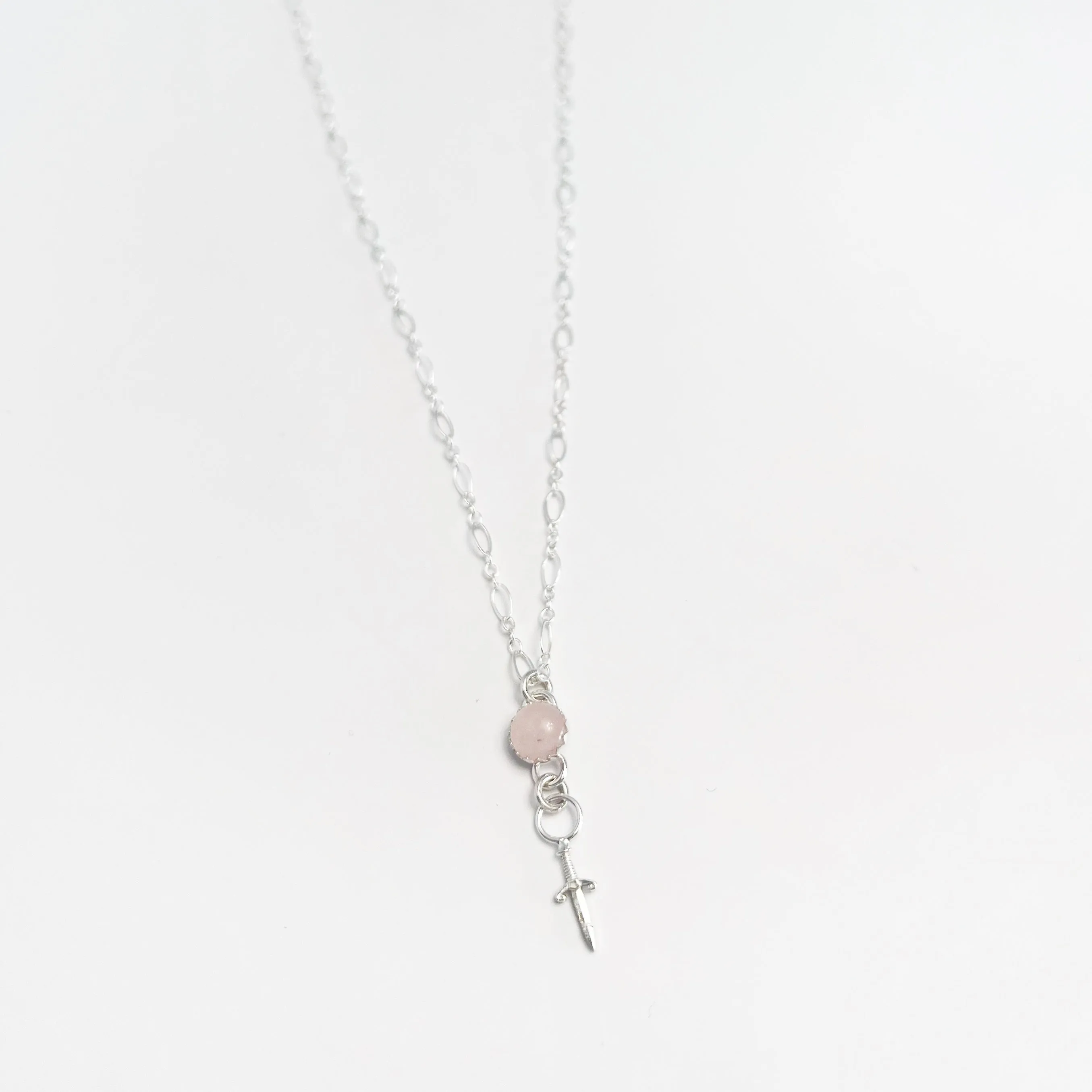 Rose Quartz, Mini Dagger, and Sterling Silver Charm Necklace
