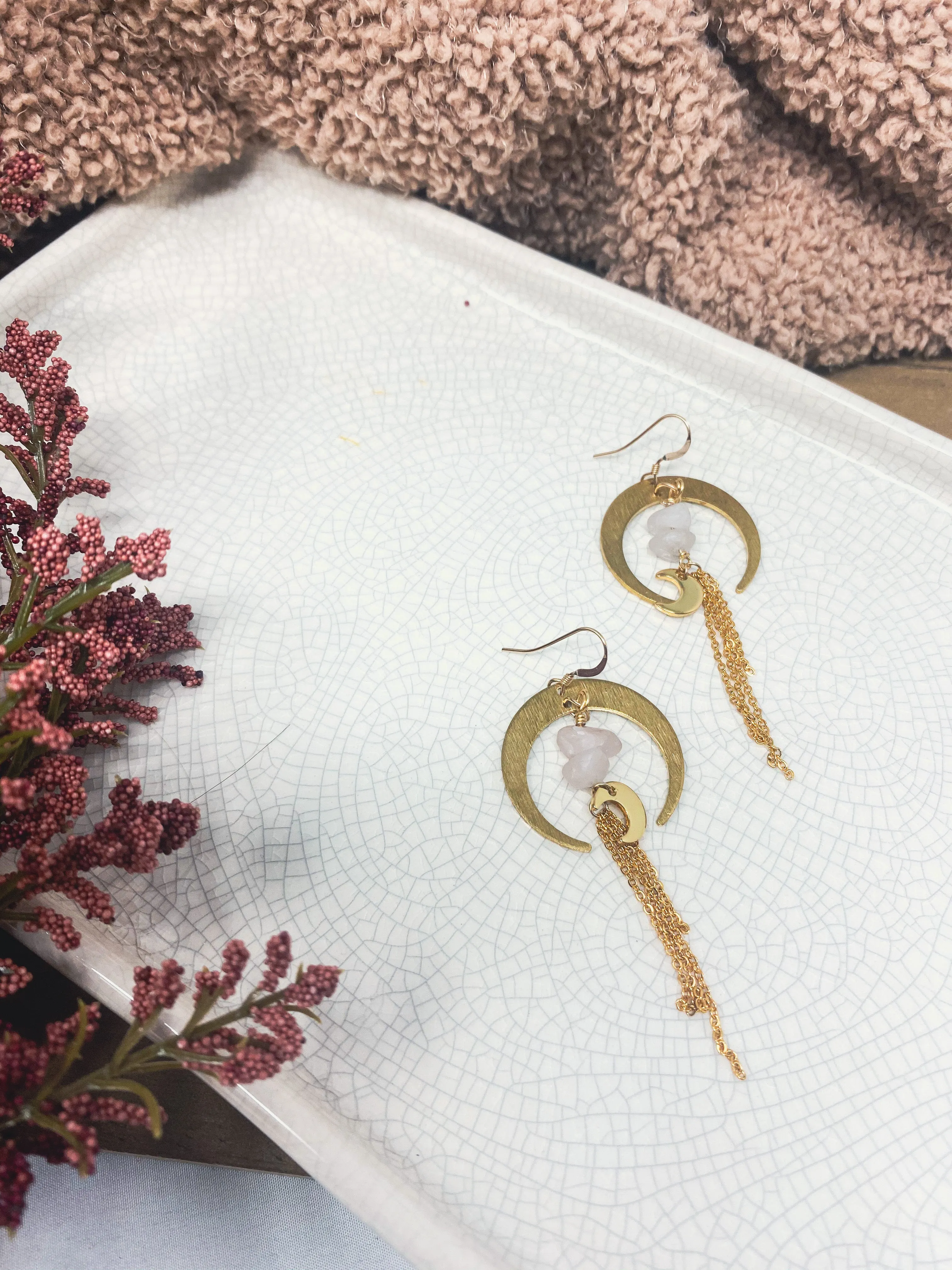Rose Quartz moons - 14k Earring Hooks.