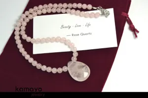 ROSE QUARTZ NECKLACE - Faceted Teardrop Pendant and Natural Beads