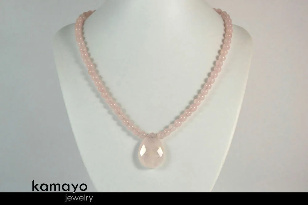 ROSE QUARTZ NECKLACE - Faceted Teardrop Pendant and Natural Beads