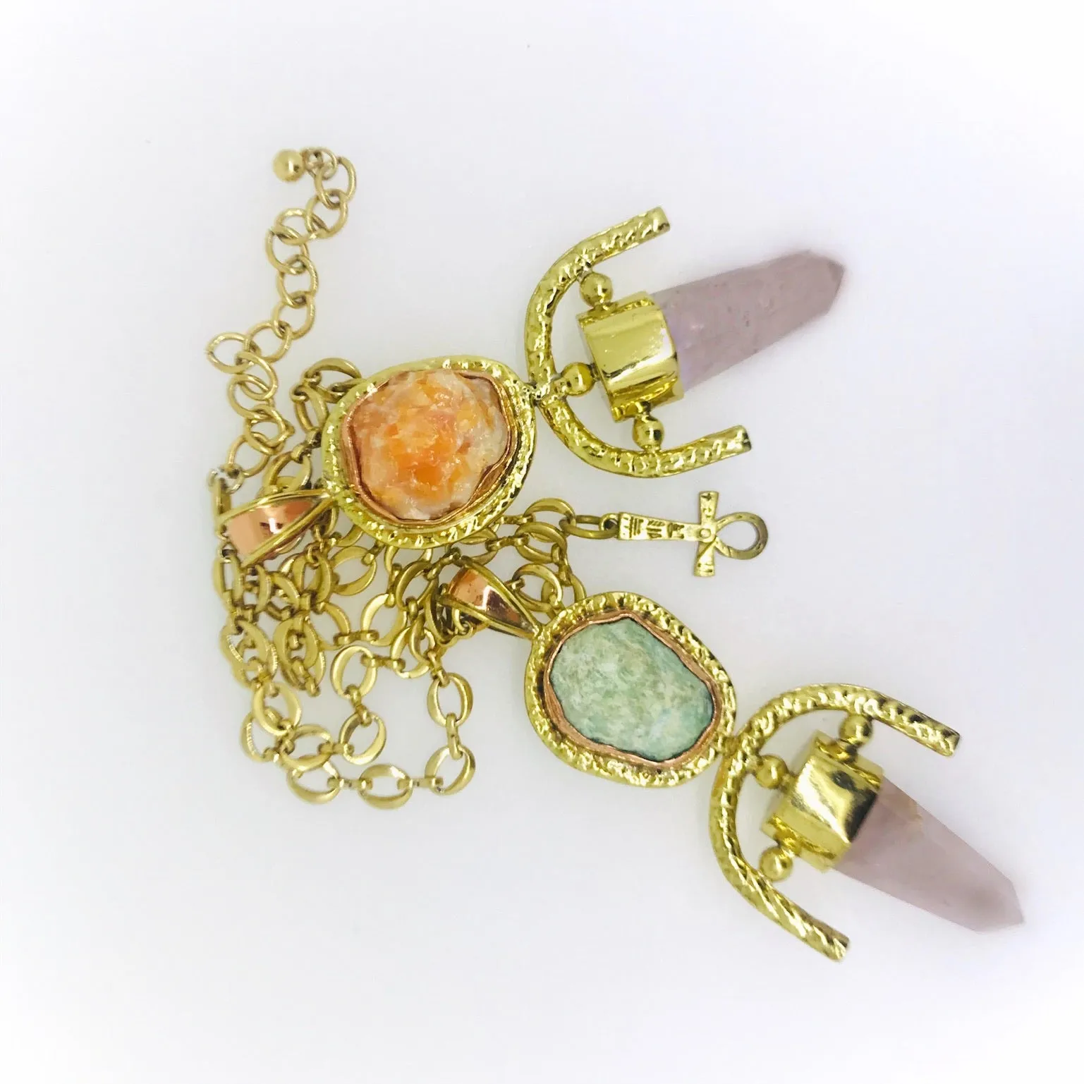 ROSE QUARTZ   Orange Calcite Double Gemstone Pendulum / Amulet ROUGH DOUBLE GEMSTONE PENDULUM PENDANT
