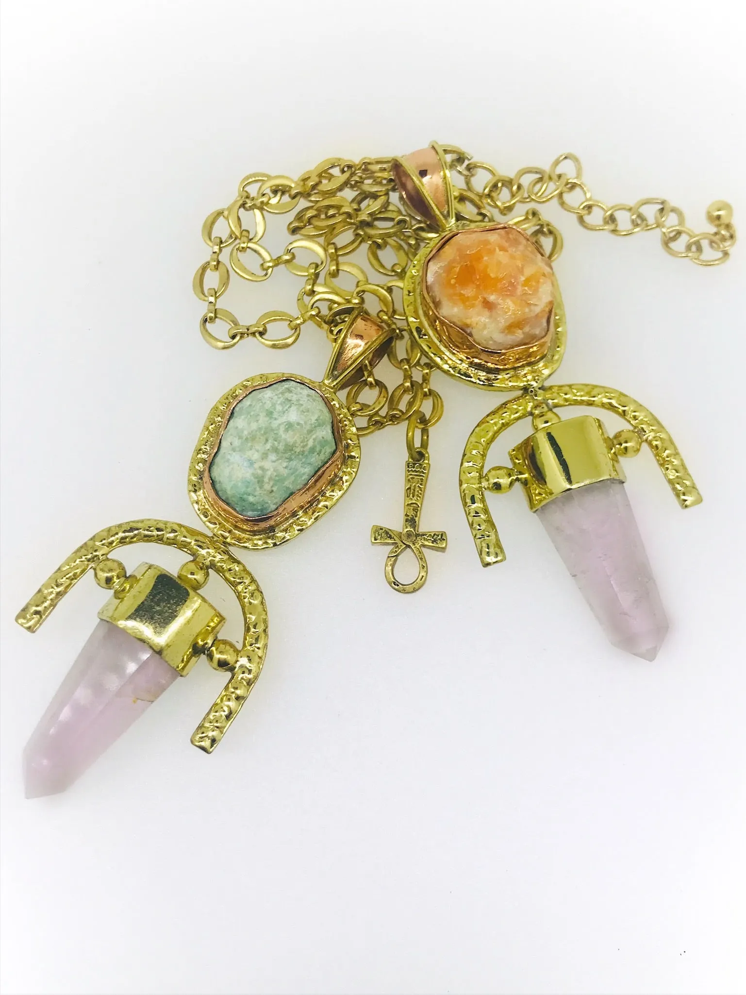 ROSE QUARTZ   Orange Calcite Double Gemstone Pendulum / Amulet ROUGH DOUBLE GEMSTONE PENDULUM PENDANT