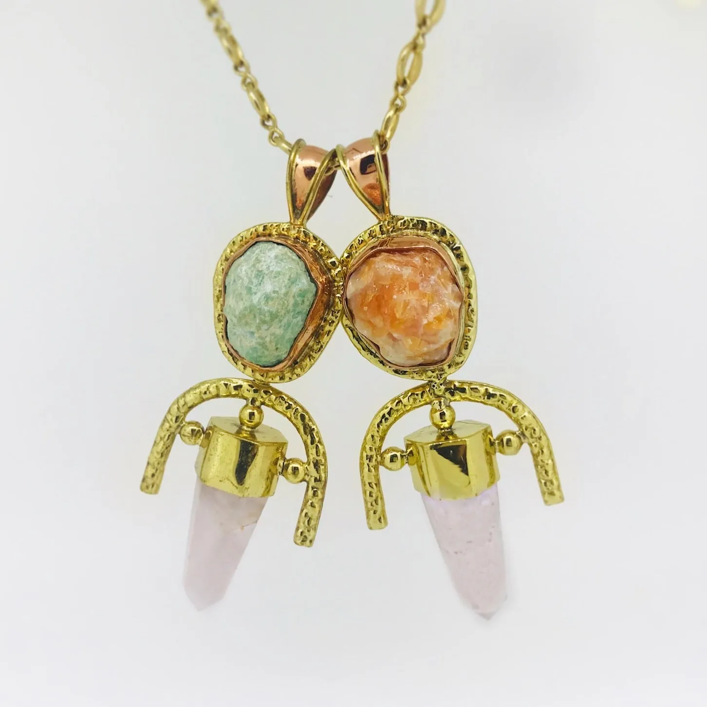 ROSE QUARTZ   Orange Calcite Double Gemstone Pendulum / Amulet ROUGH DOUBLE GEMSTONE PENDULUM PENDANT
