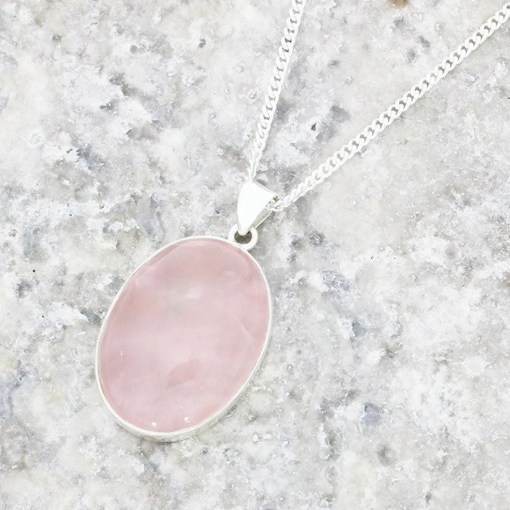 Rose Quartz Sterling Silver Oval Pendant and Chain