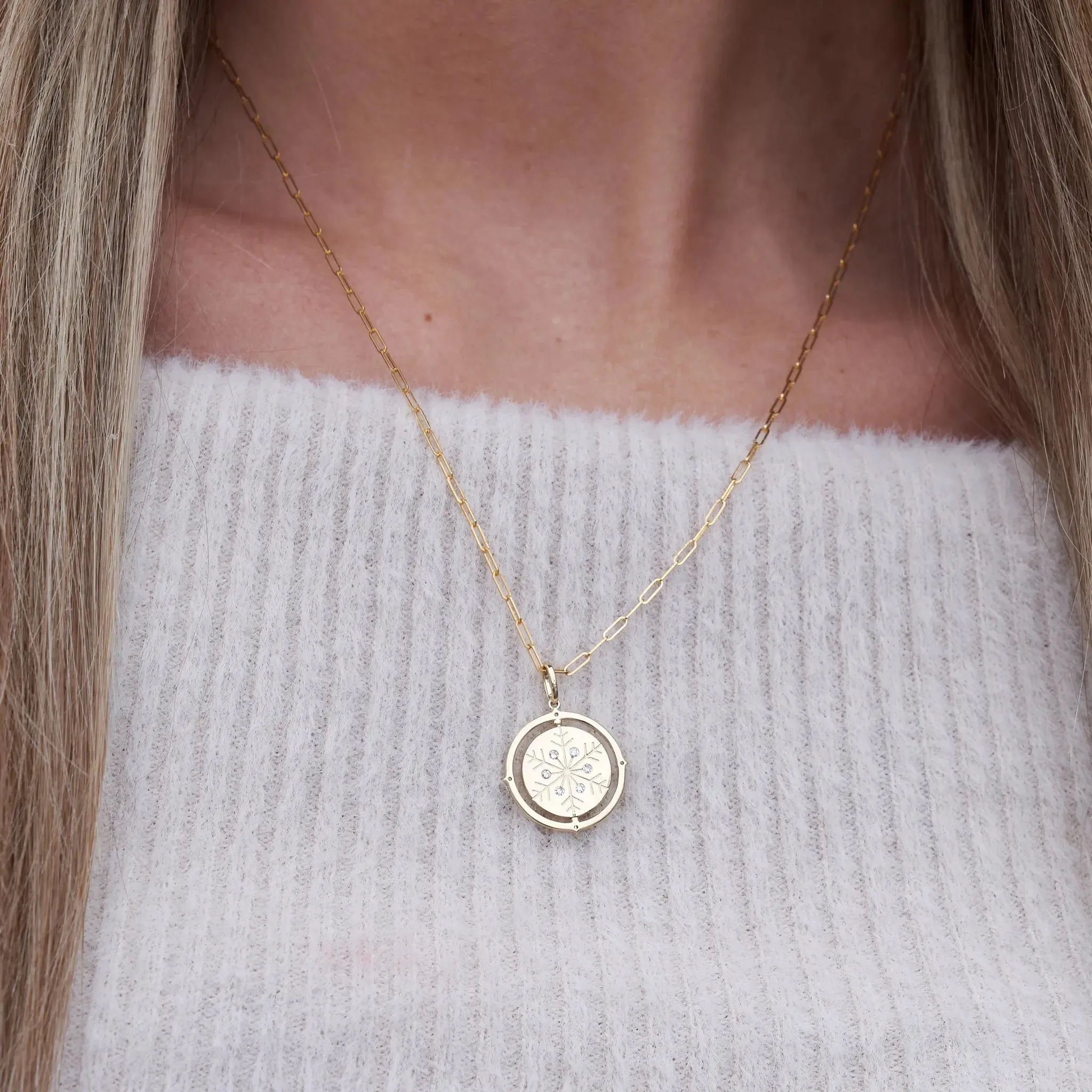 Satin Finish Flush Set Diamond Snowflake and Mountain Reversible Disc Pendant