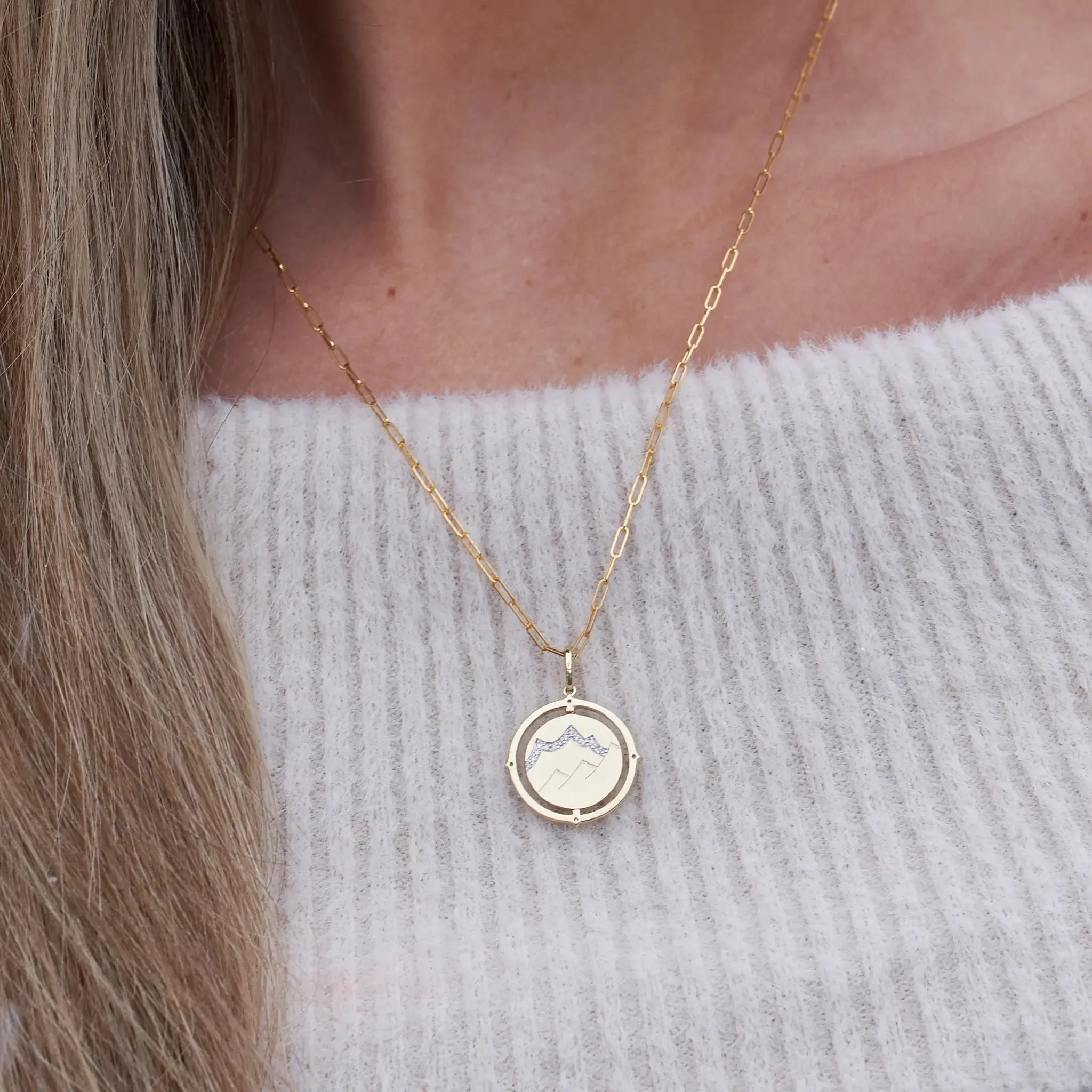 Satin Finish Flush Set Diamond Snowflake and Mountain Reversible Disc Pendant