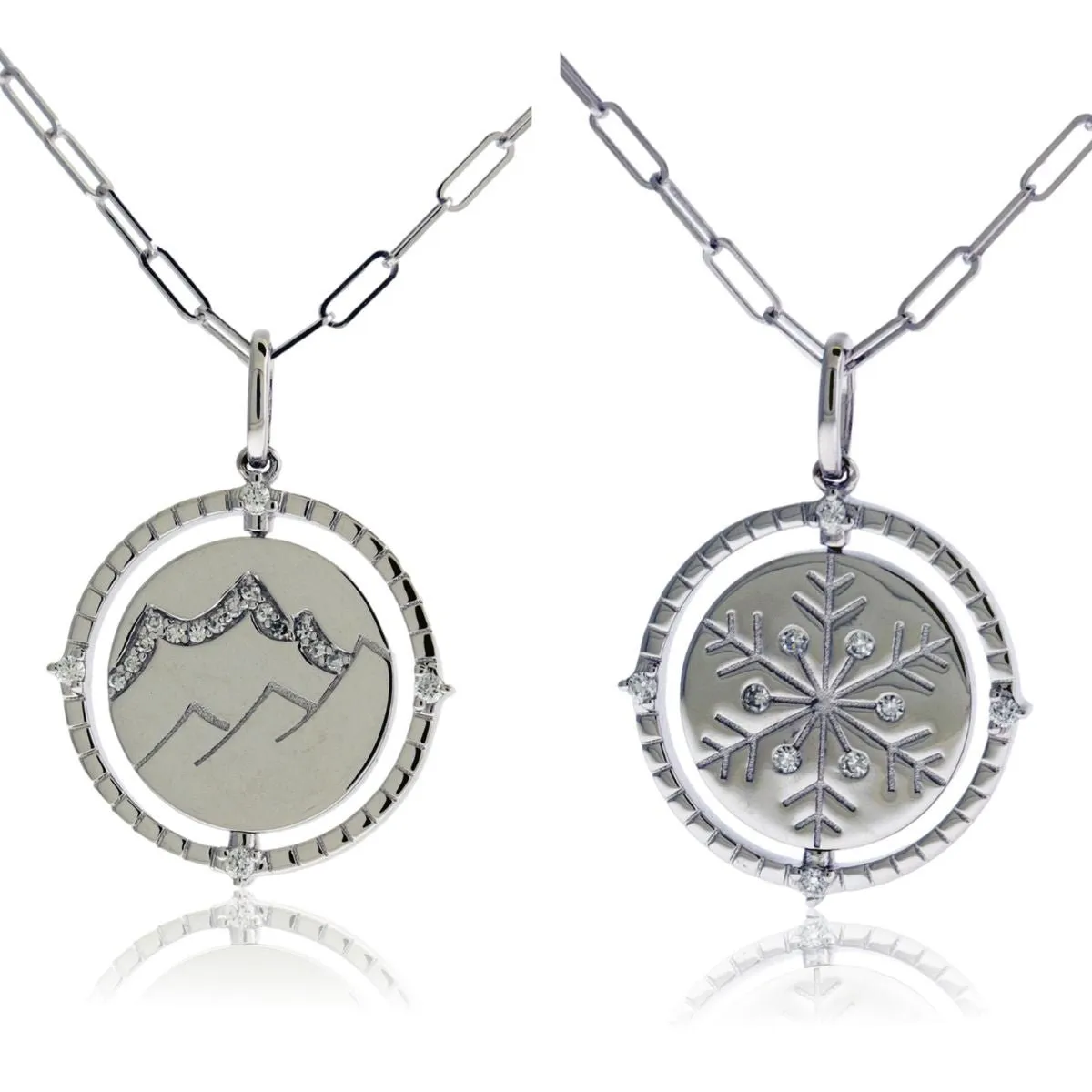 Satin Finish Flush Set Diamond Snowflake and Mountain Reversible Disc Pendant