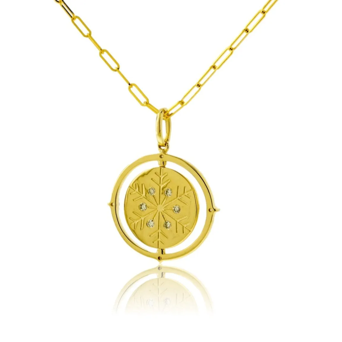 Satin Finish Flush Set Diamond Snowflake and Mountain Reversible Disc Pendant