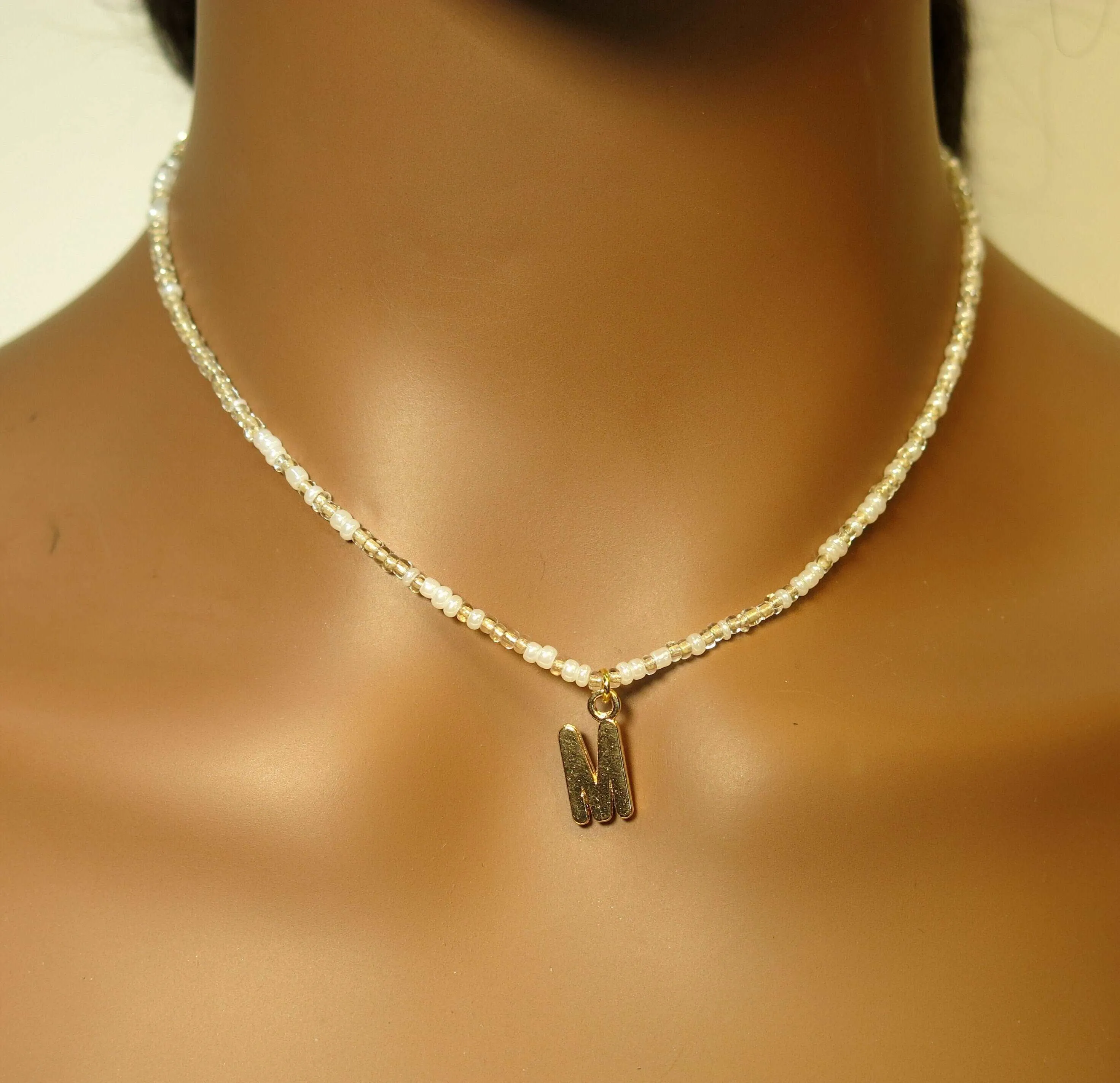 Seed Bead Initial Charm Necklace, Personalized Name Initial Beaded Friendship Necklace, Custom Initial Letter Charm Unisex Necklace