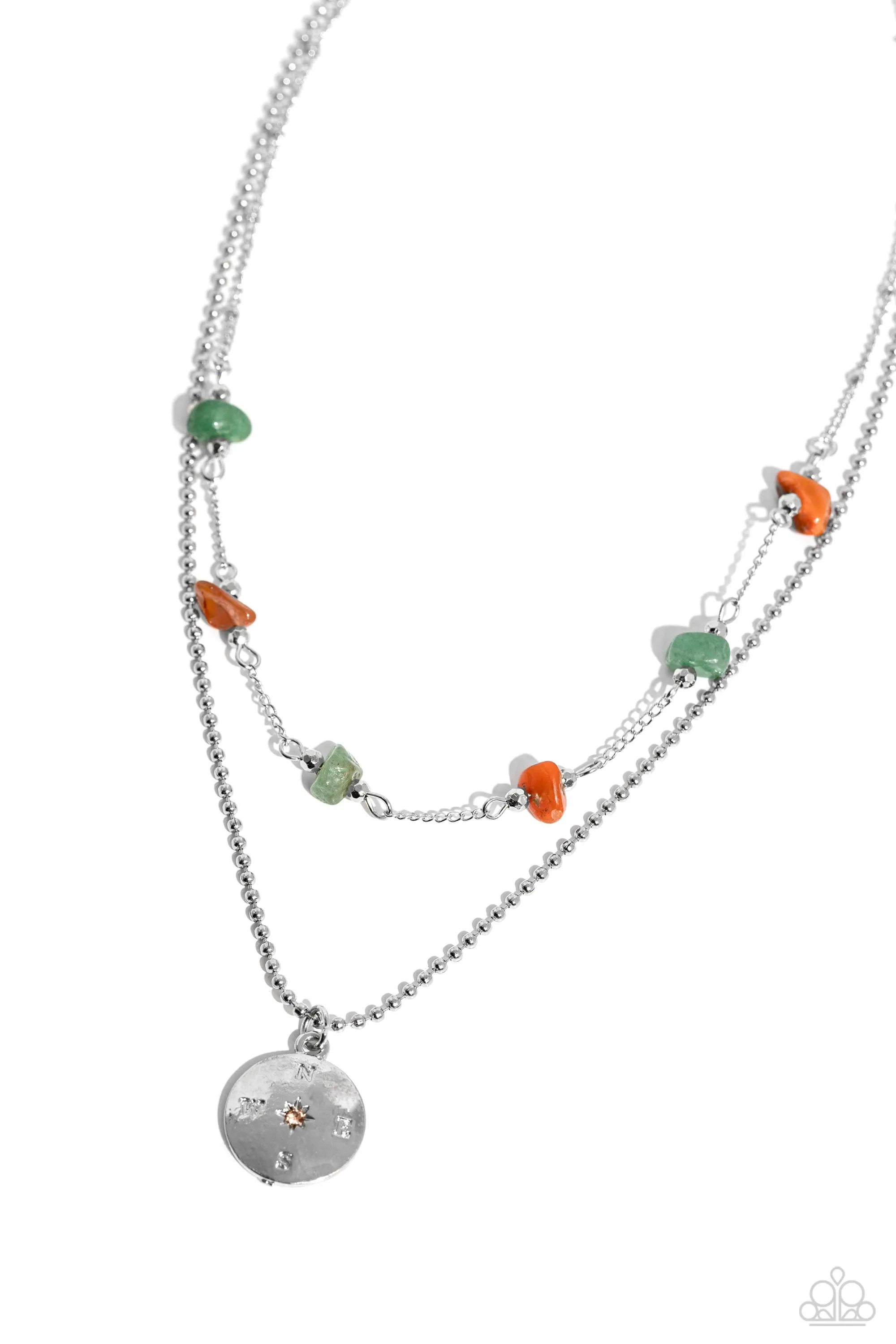 Sense of Direction - Green - Jade and Orange Stone Silver Compass Tiered Paparazzi Short Necklace