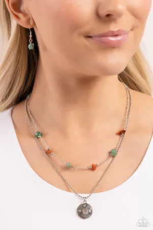 Sense of Direction - Green - Jade and Orange Stone Silver Compass Tiered Paparazzi Short Necklace