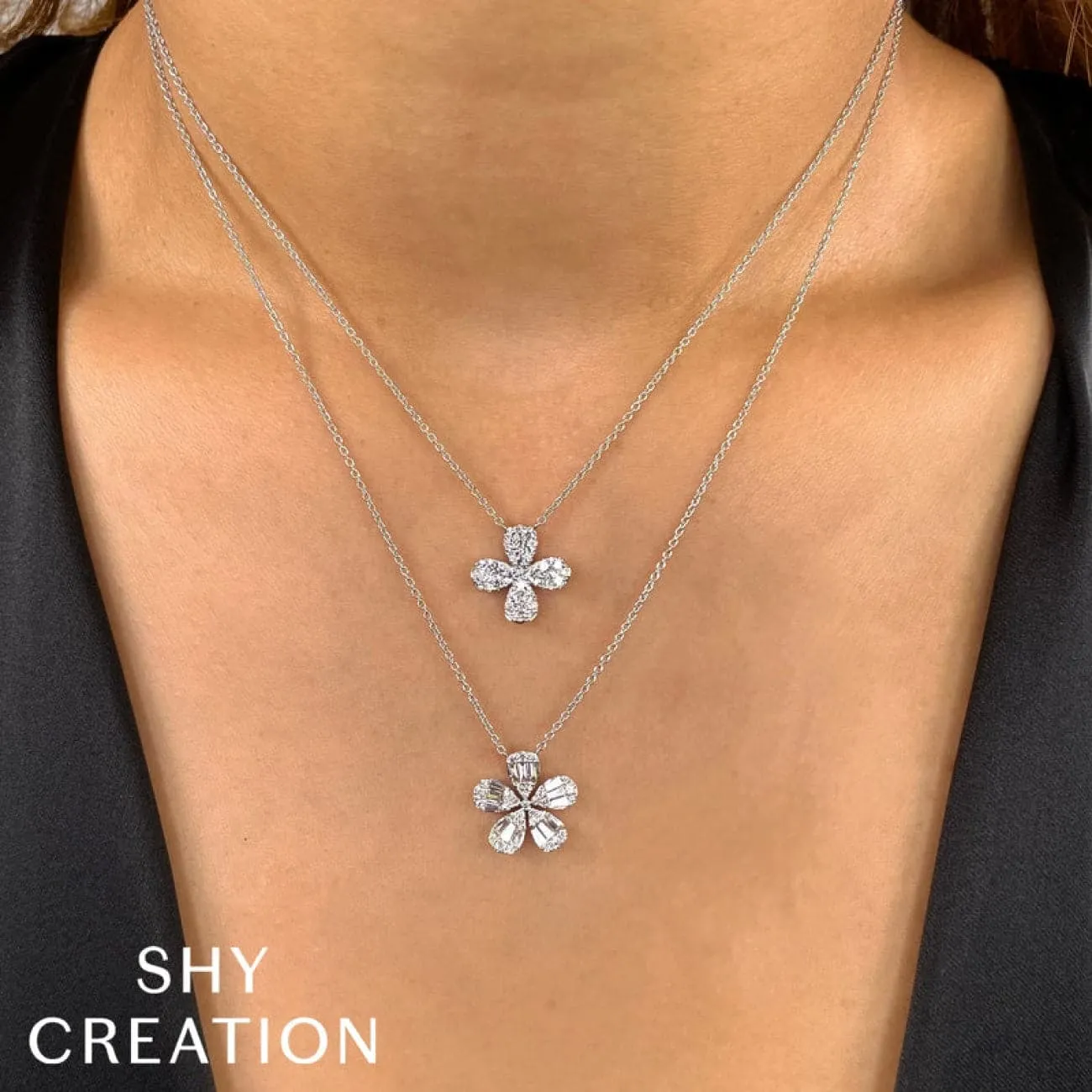 Shy Creation Diamond Baguette Flower Necklace