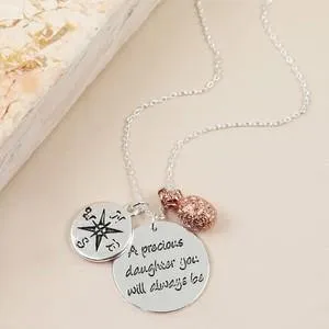 Silver & Rose Gold Precious Daughter Round Disc Pendant Necklace