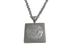 Silver Toned Etched Fire Fighter Emblem Pendant Necklace