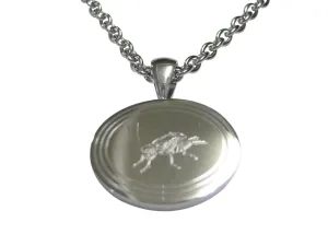 Silver Toned Etched Oval Cricket Bug Pendant Necklace