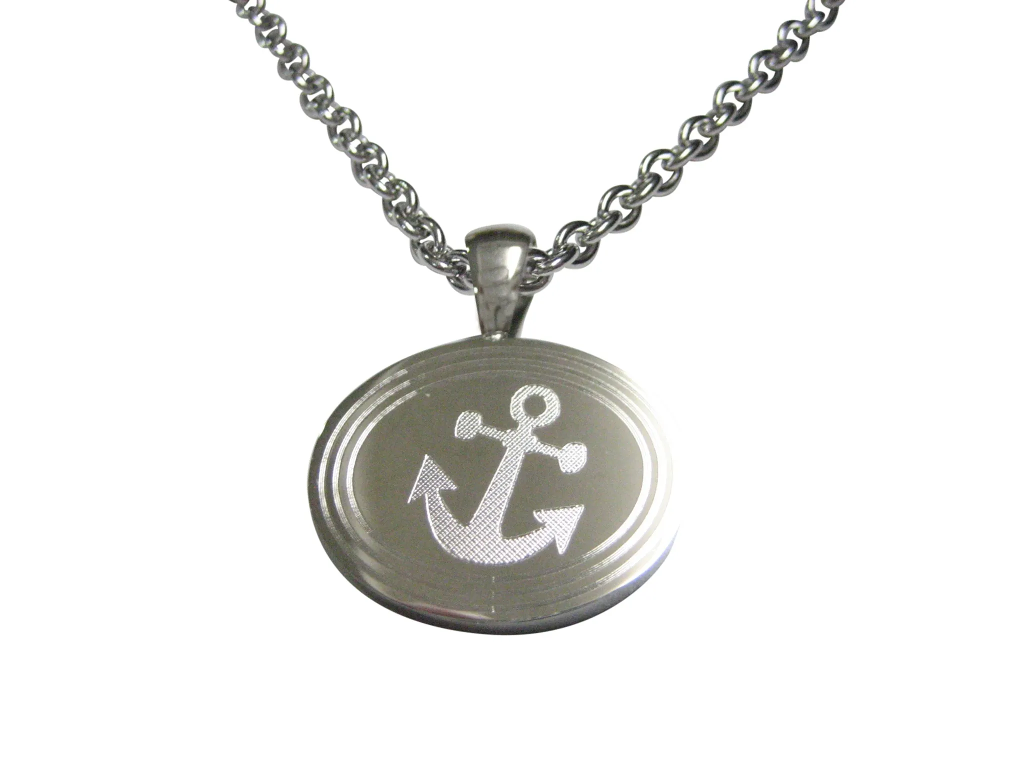 Silver Toned Etched Oval Leaning Nautical Anchor Pendant Necklace